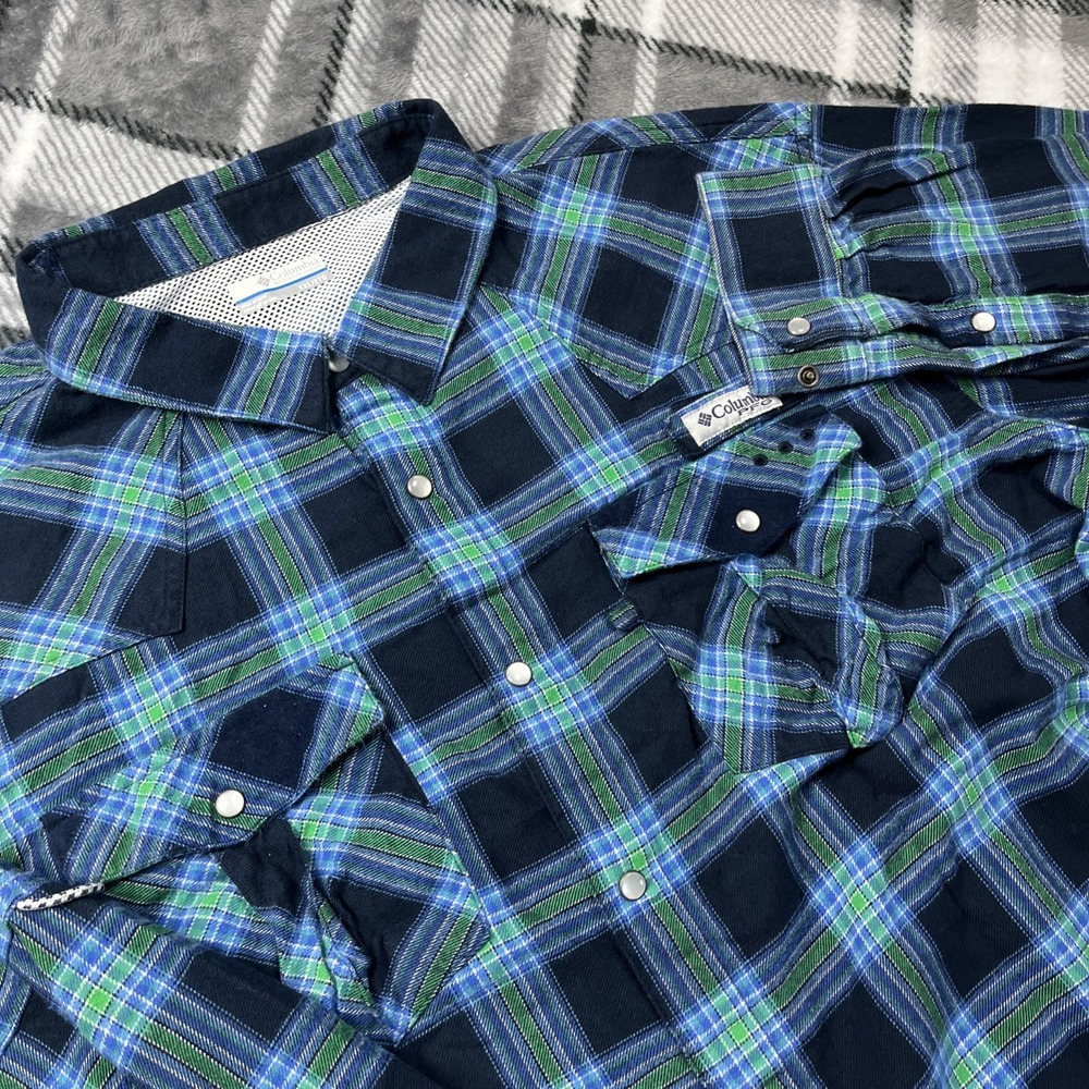 Columbia PFG Pearl Snap Vented Long Sleeve Flannel Shirt Mens XXL Blue Plaid